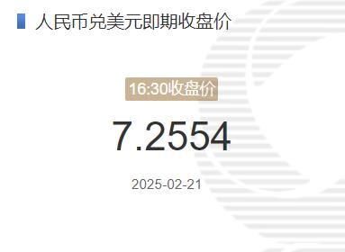 2月21日人民币兑美元即期收盘价报7.2554 较上一交易日上调62个基点(2025年02月21日)
